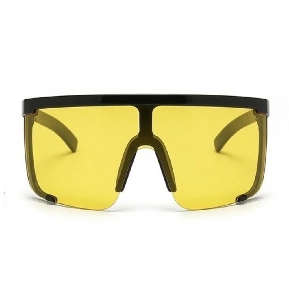Mens Oversized Shield Sunglasses Yellow Lens Black Frame Flat Top Safety Eyewear